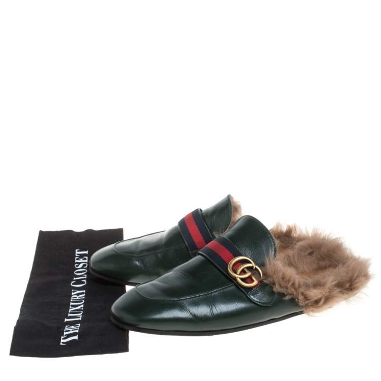 Pre Owned Gucci Green Leather And Fur Lined Princetown GG Web Mules Size 45