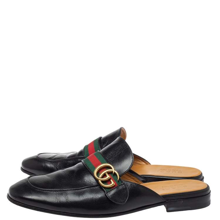 Pre Owned Gucci Black Leather Princetown GG Web Mules Size 45