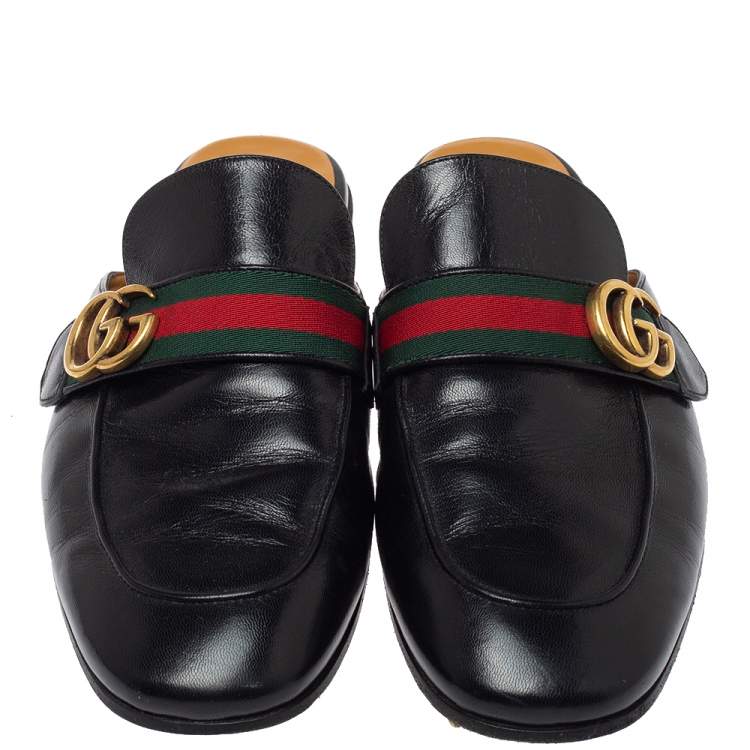 Pre Owned Gucci Black Leather Princetown GG Web Mules Size 45