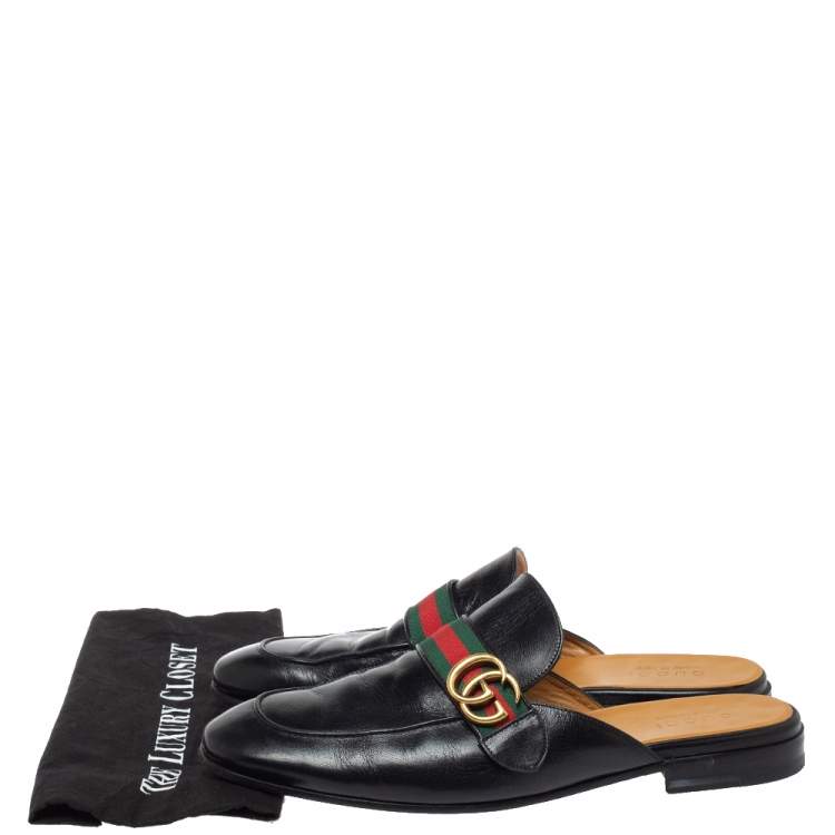 Pre Owned Gucci Black Leather Princetown GG Web Mules Size 45