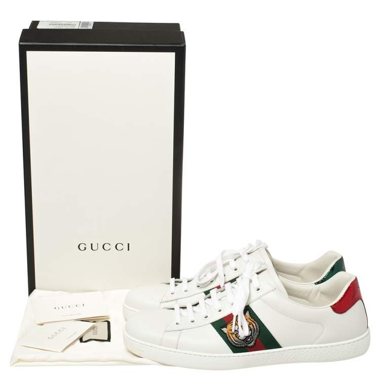 Pre Owned Gucci White Leather And Canvas Ace Embroided Sneakers Size 44.5