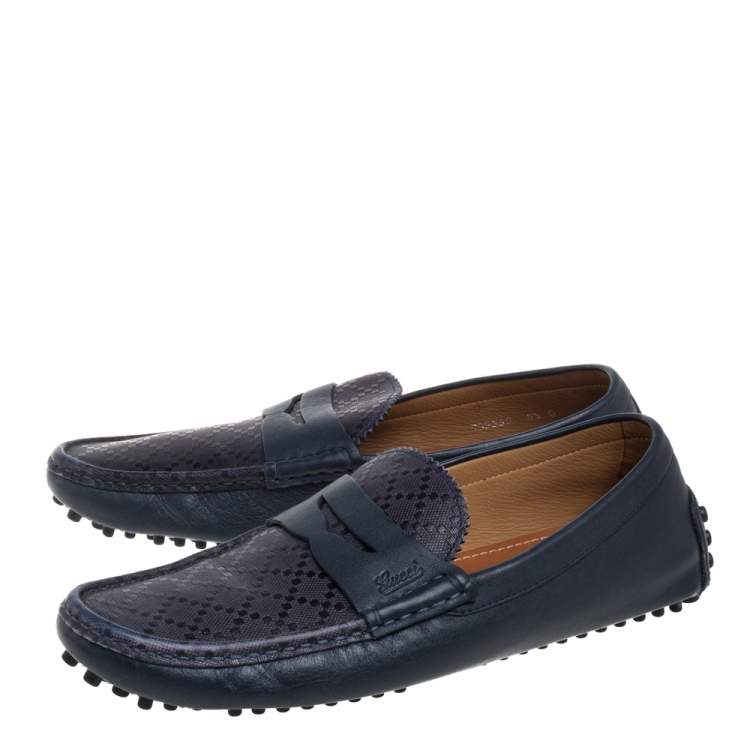 Pre Owned Gucci Blue Leather Penny Slip On Loafers Size 42.5