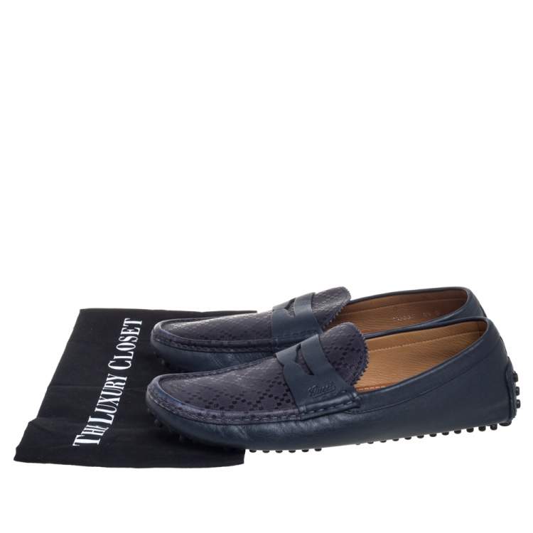 Pre Owned Gucci Blue Leather Penny Slip On Loafers Size 42.5