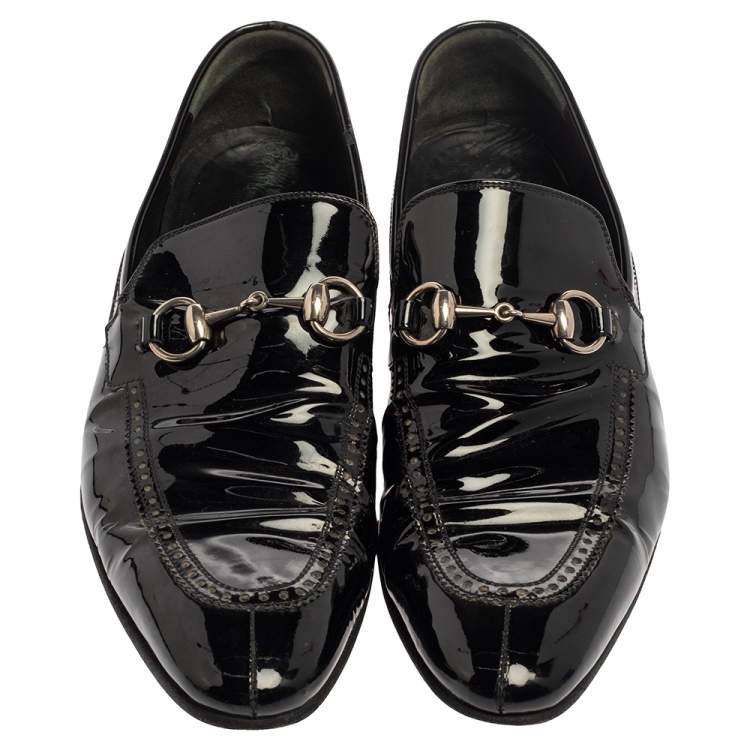 Pre Owned Gucci Black Patent Leather Horsebit Slip On Loafers Size 42