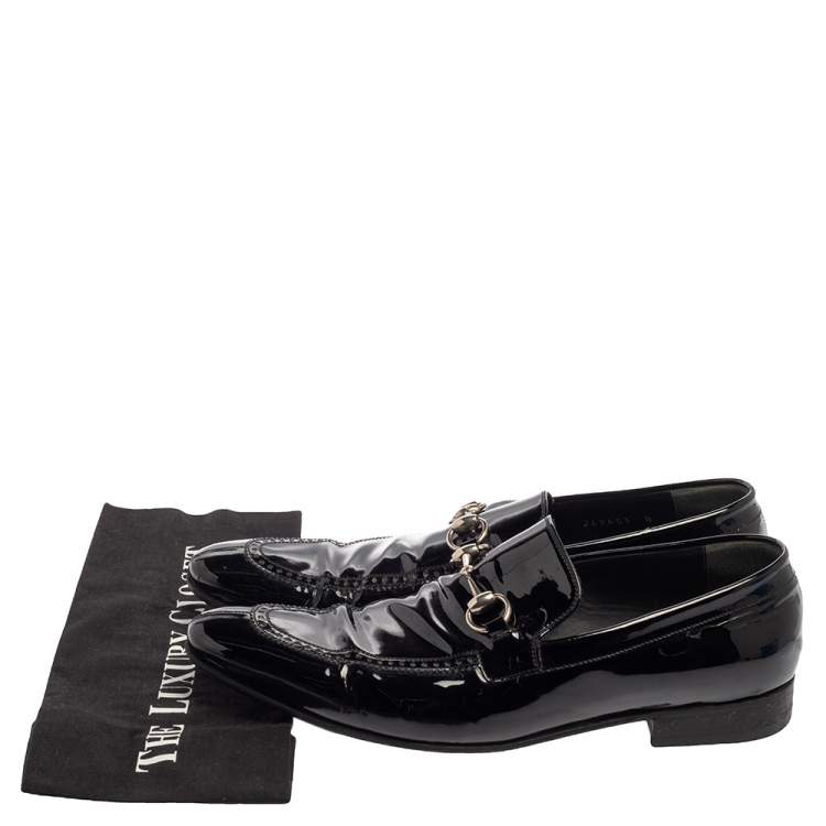 Pre Owned Gucci Black Patent Leather Horsebit Slip On Loafers Size 42