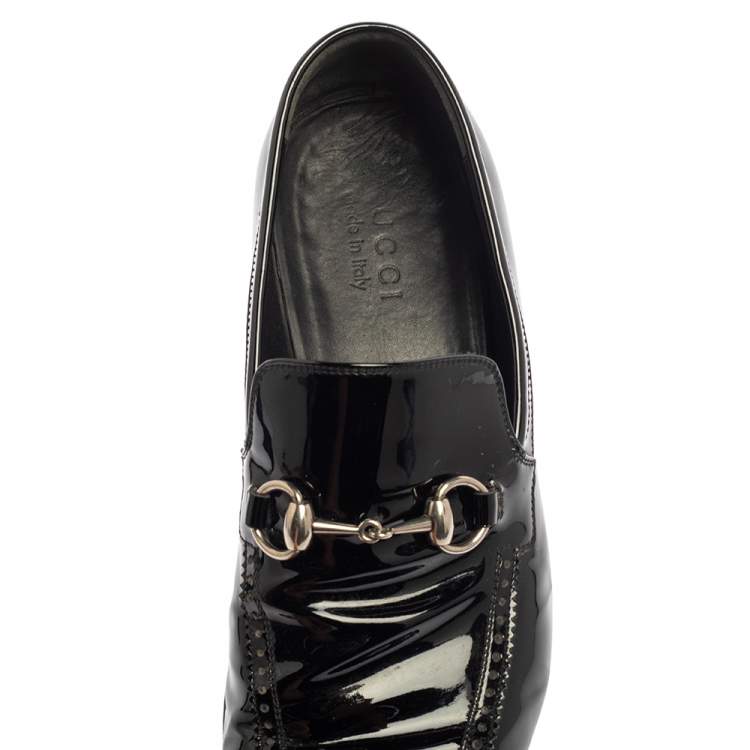Pre Owned Gucci Black Patent Leather Horsebit Slip On Loafers Size 42