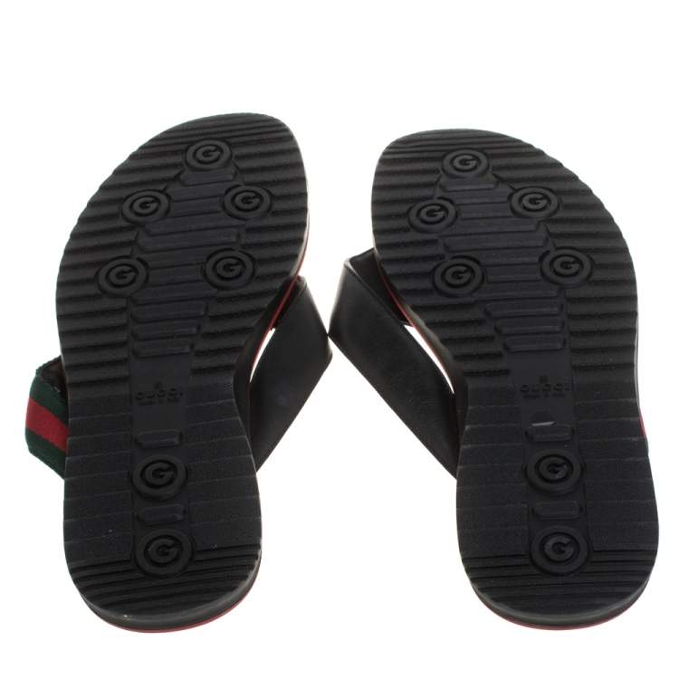 Pre Owned Gucci Black GG Leather Web Detail Thong Flat Size 45