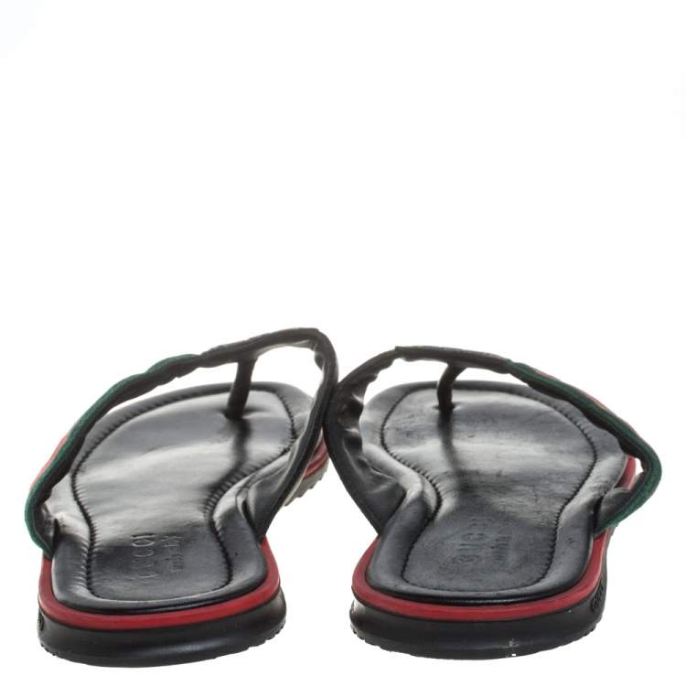 Pre Owned Gucci Black GG Leather Web Detail Thong Flat Size 45
