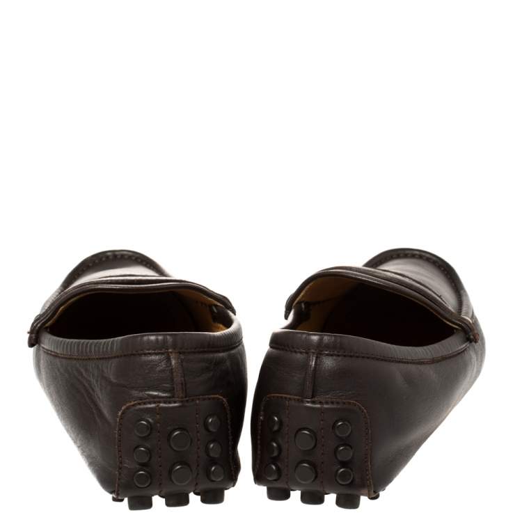 Pre Owned Gucci Brown Leather Slip On Loafers Size 41