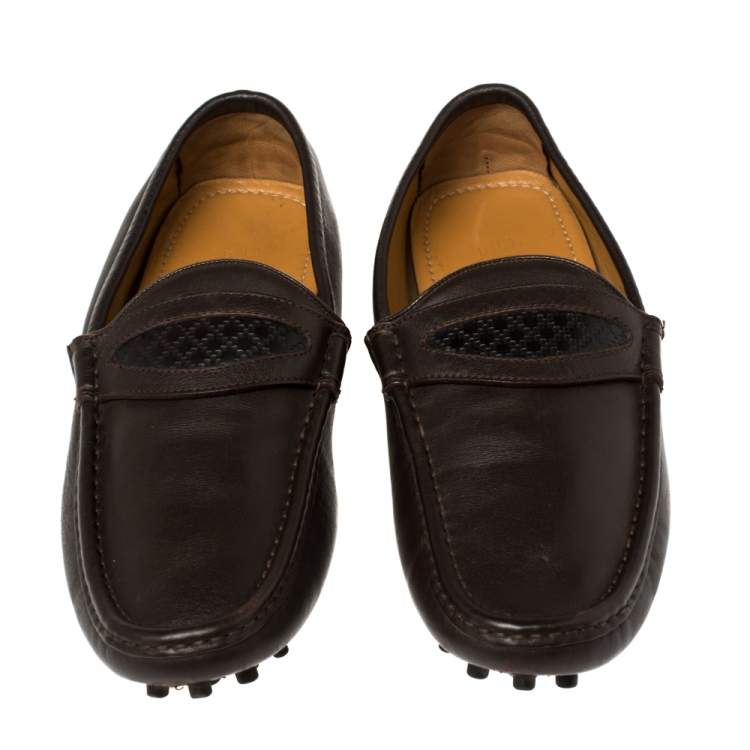 Pre Owned Gucci Brown Leather Slip On Loafers Size 41