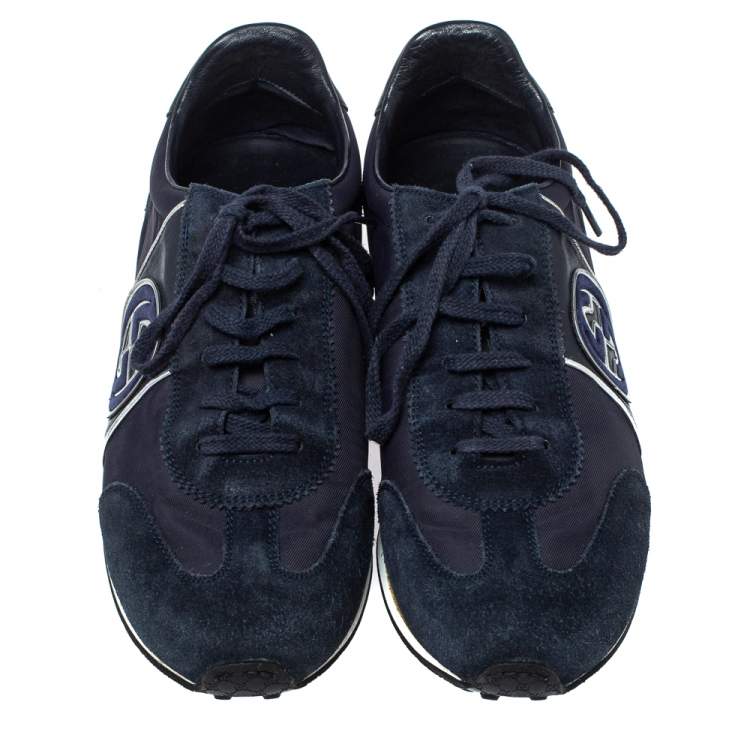 Pre Owned Gucci Navy Blue Suede and Fabric Interlocking G Lace Up Sneakers Size 42