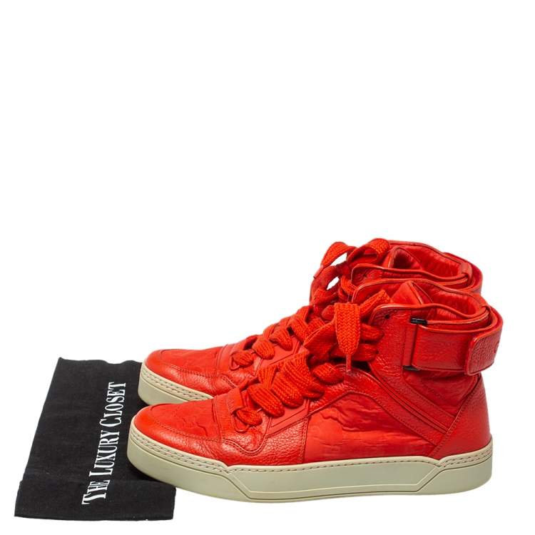 Pre Owned Gucci Red Leather and Nylon Guccissima High Top Sneakers Size 43