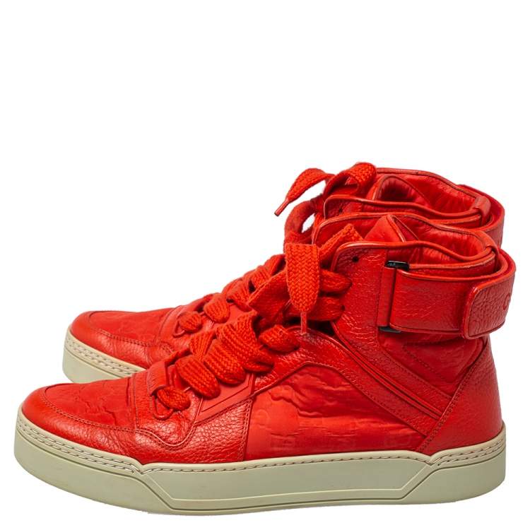 Pre Owned Gucci Red Leather and Nylon Guccissima High Top Sneakers Size 43