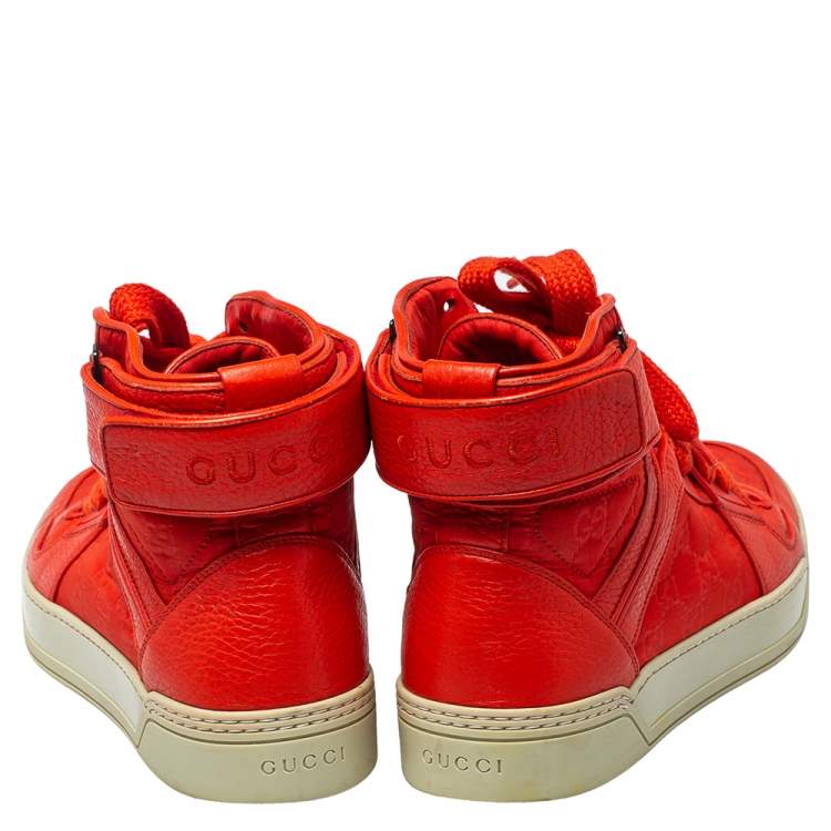 Pre Owned Gucci Red Leather and Nylon Guccissima High Top Sneakers Size 43