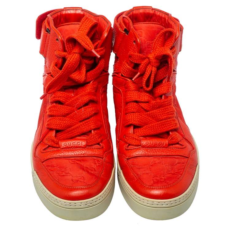 Pre Owned Gucci Red Leather and Nylon Guccissima High Top Sneakers Size 43