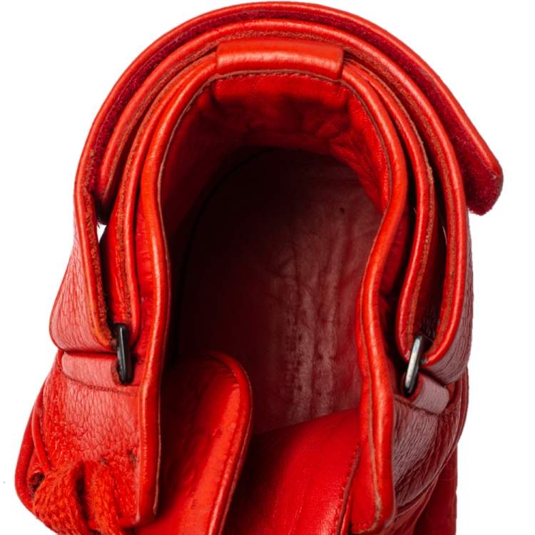 Pre Owned Gucci Red Leather and Nylon Guccissima High Top Sneakers Size 43