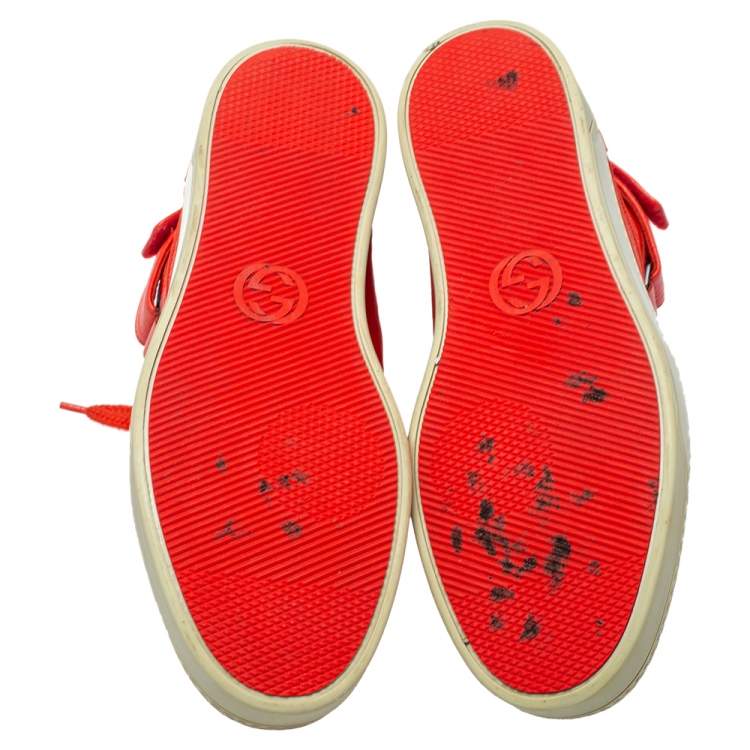 Pre Owned Gucci Red Leather and Nylon Guccissima High Top Sneakers Size 43