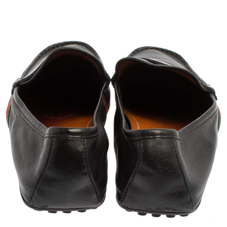 Pre Owned Gucci Black Leather Web Penny Loafers Size 41.5 