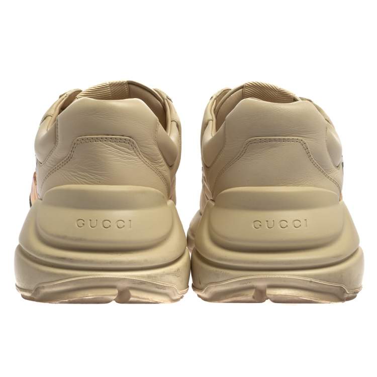 Pre Owned Gucci Off White Leather Rhyton GG Square Logo Low Top Sneakers Size 41.5