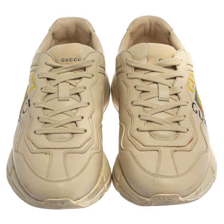 Pre Owned Gucci Off White Leather Rhyton GG Square Logo Low Top Sneakers Size 41.5