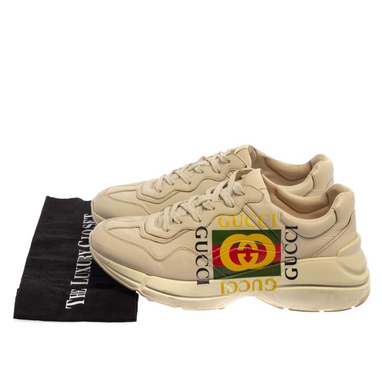 Pre Owned Gucci Off White Leather Rhyton GG Square Logo Low Top Sneakers Size 41.5