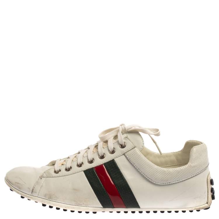 Pre Owned Gucci White Leather Lace Up Low Top Web Sneakers Size 43