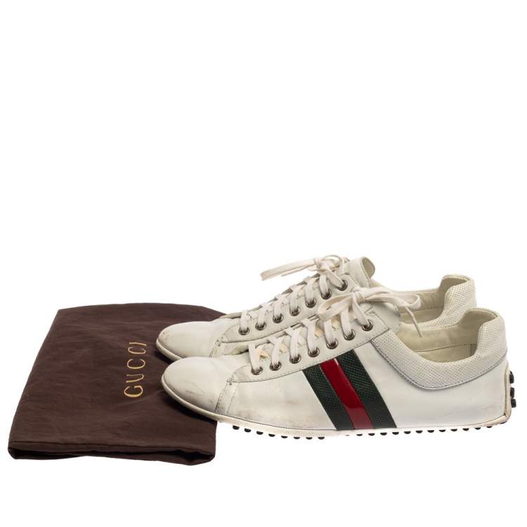 Pre Owned Gucci White Leather Lace Up Low Top Web Sneakers Size 43