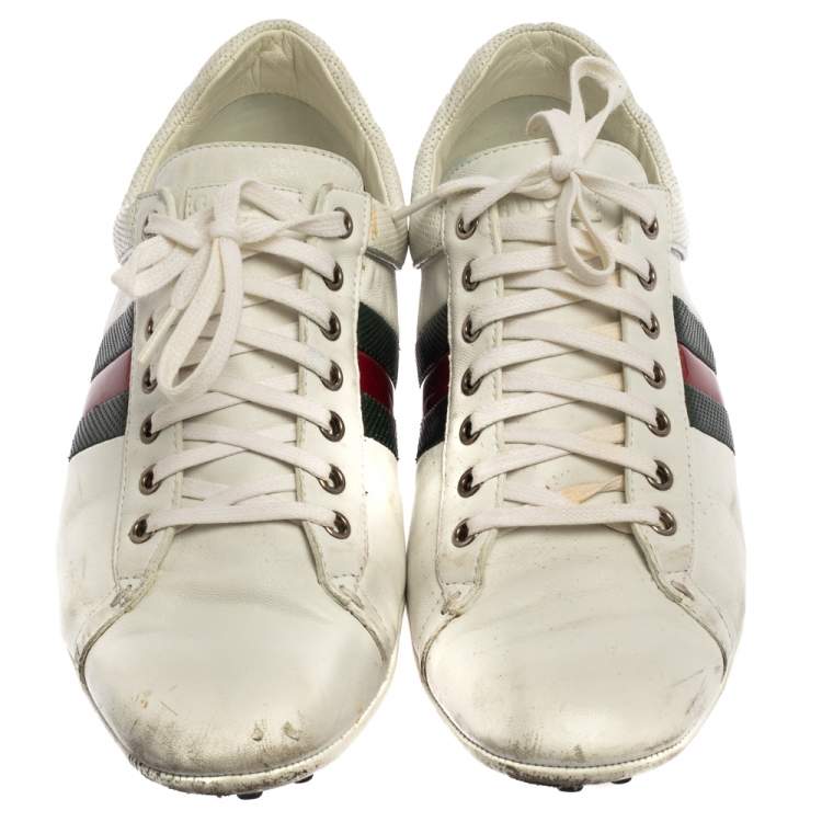 Pre Owned Gucci White Leather Lace Up Low Top Web Sneakers Size 43