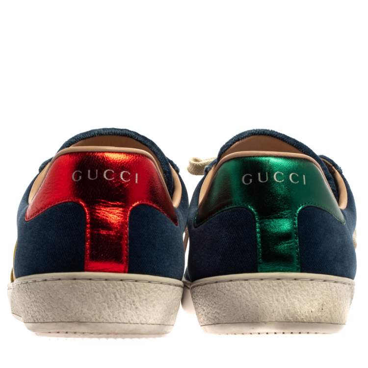 Pre Owned Gucci Blue Velvet And Leather Web Ace Sneakers Size 41.5