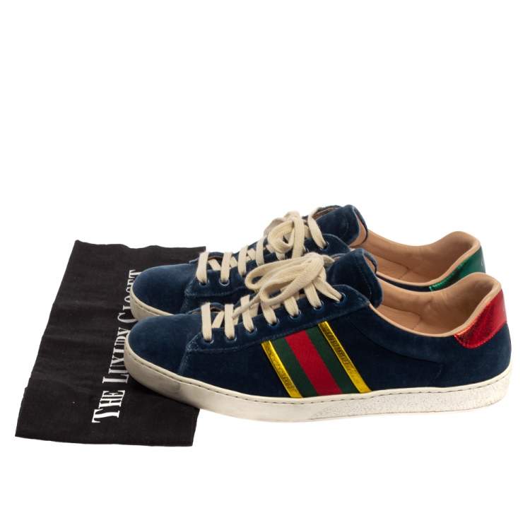Pre Owned Gucci Blue Velvet And Leather Web Ace Sneakers Size 41.5