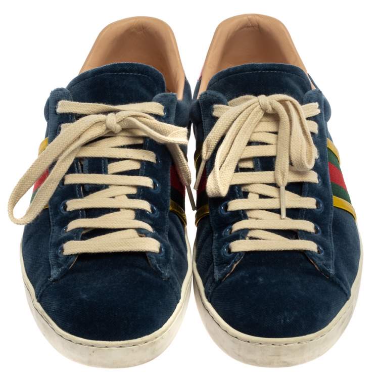 Pre Owned Gucci Blue Velvet And Leather Web Ace Sneakers Size 41.5