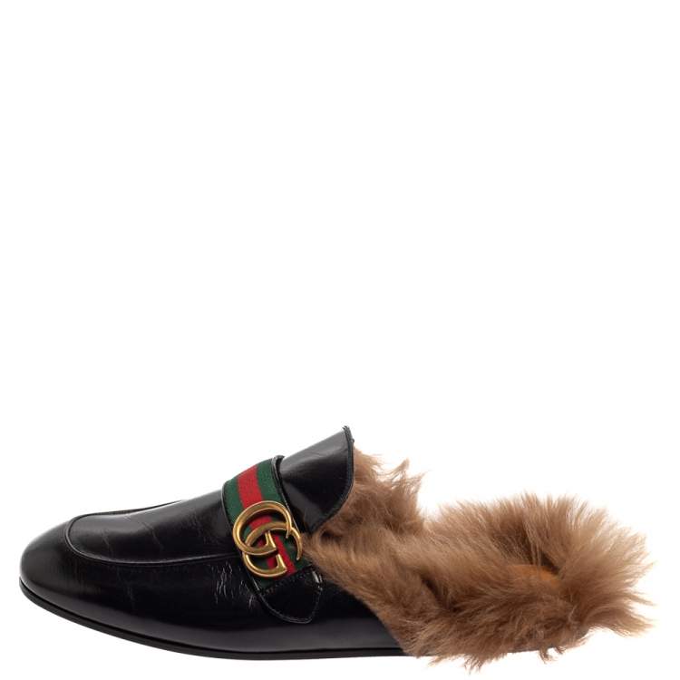 Pre Owned Gucci Black Leather And Fur Lined GG Web Princetown Mules Size 43
