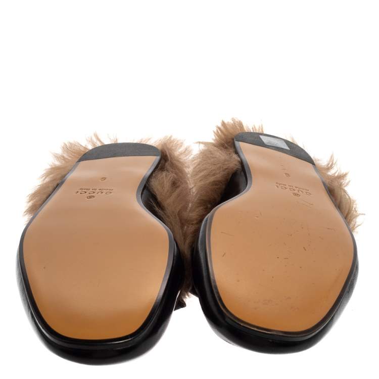 Pre Owned Gucci Black Leather And Fur Lined GG Web Princetown Mules Size 43