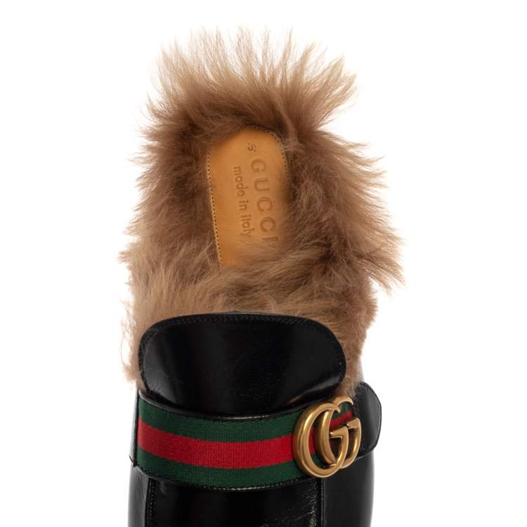 Pre Owned Gucci Black Leather And Fur Lined GG Web Princetown Mules Size 43