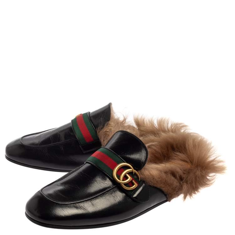 Pre Owned Gucci Black Leather And Fur Lined GG Web Princetown Mules Size 43