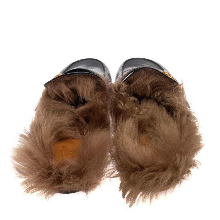 Pre Owned Gucci Black Leather And Fur Lined GG Web Princetown Mules Size 43