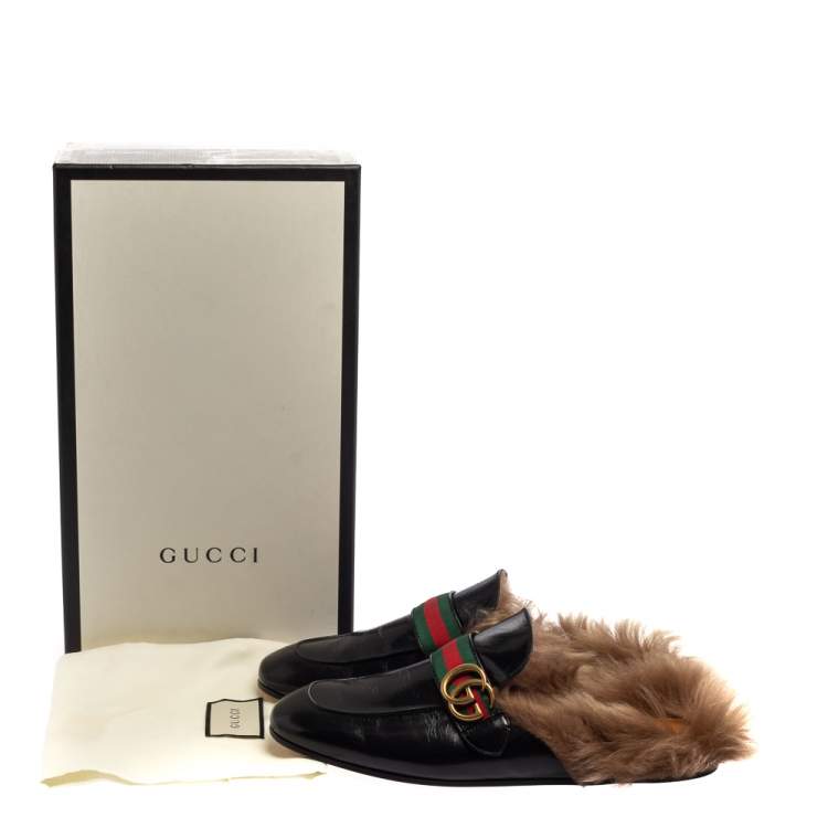 Pre Owned Gucci Black Leather And Fur Lined GG Web Princetown Mules Size 43