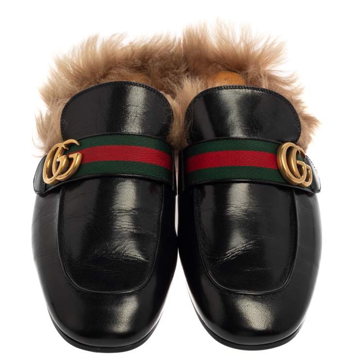 Pre Owned Gucci Black Leather And Fur Lined GG Web Princetown Mules Size 43