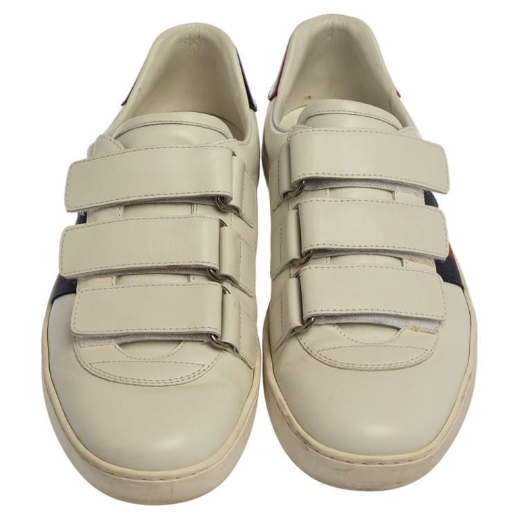 Pre Owned Gucci White Leather Ace Web Velcro Strap Low Top Sneakers Size 41