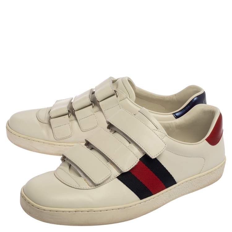 Pre Owned Gucci White Leather Ace Web Velcro Strap Low Top Sneakers Size 41