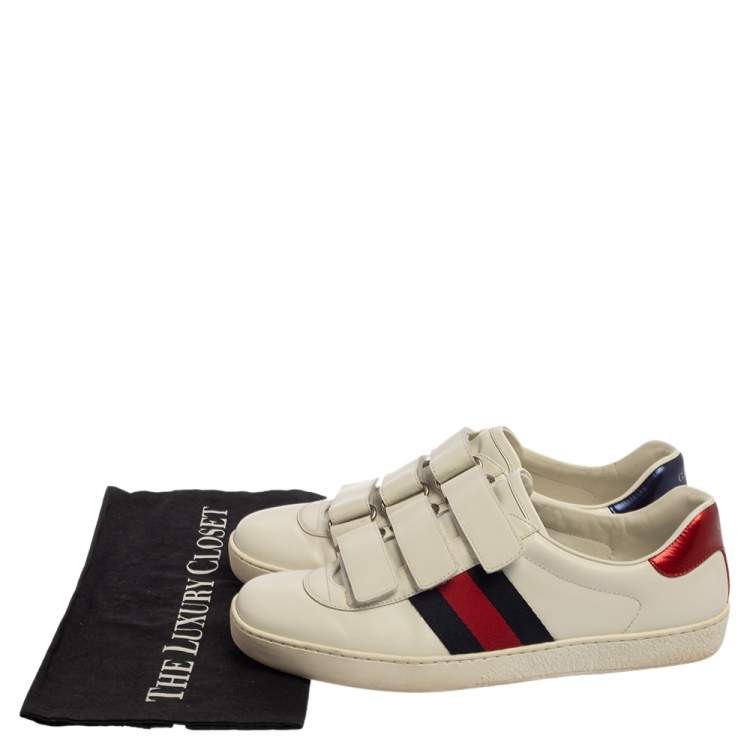 Pre Owned Gucci White Leather Ace Web Velcro Strap Low Top Sneakers Size 41
