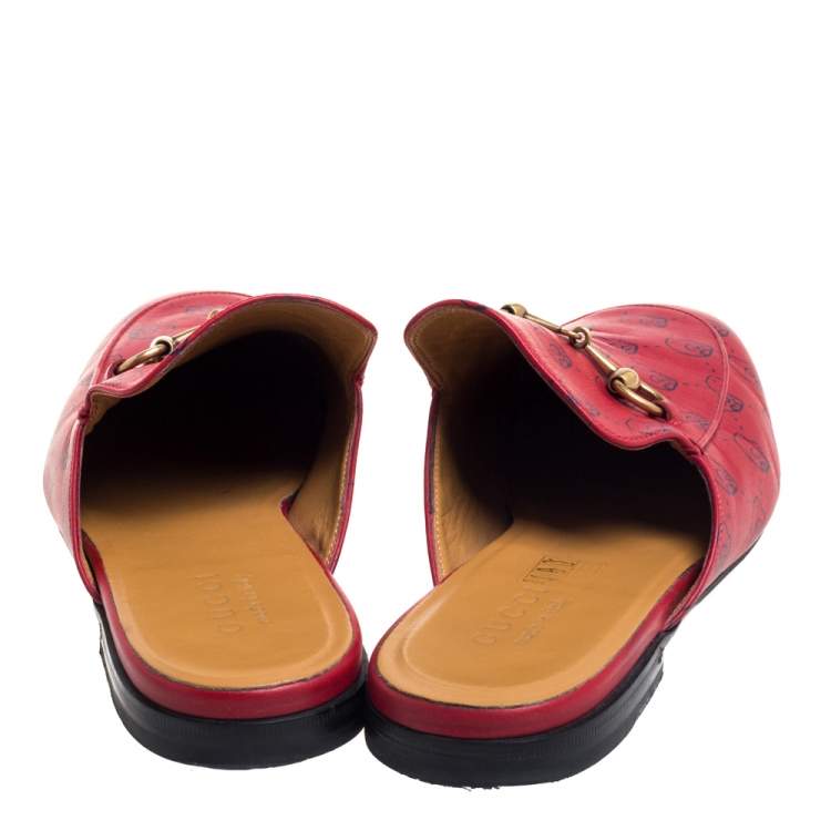 Pre Owned Gucci Red GG Ghost Print Leather Princetown Horsebit Mules Size 42.5