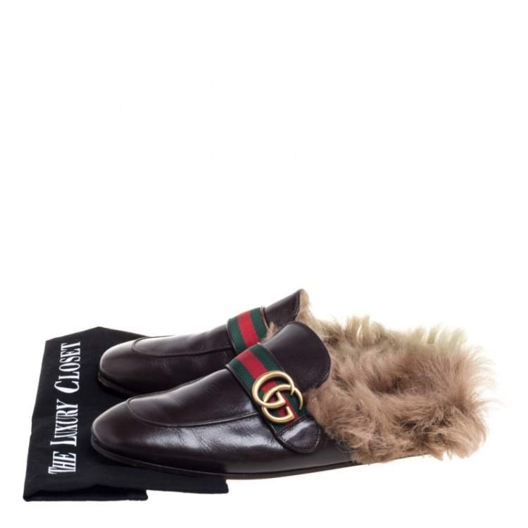 Pre Owned Gucci Brown Leather And Fur Lined GG Web Princetown Mules Size 41