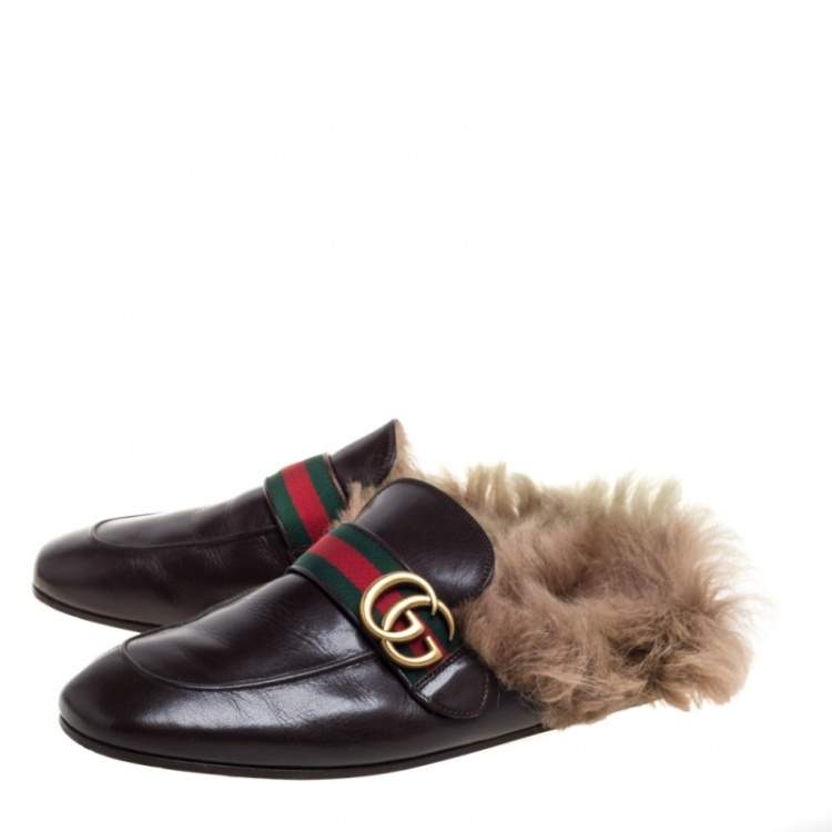 Pre Owned Gucci Brown Leather And Fur Lined GG Web Princetown Mules Size 41