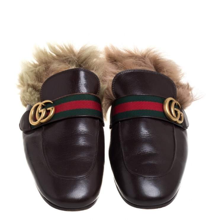 Pre Owned Gucci Brown Leather And Fur Lined GG Web Princetown Mules Size 41