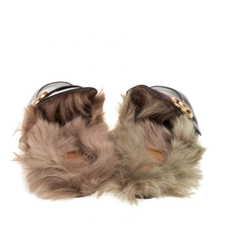 Pre Owned Gucci Brown Leather And Fur Lined GG Web Princetown Mules Size 41