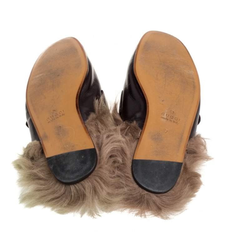 Pre Owned Gucci Brown Leather And Fur Lined GG Web Princetown Mules Size 41