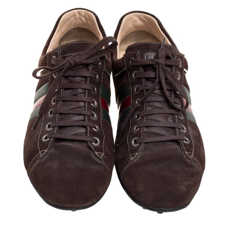 Pre Owned Gucci Brown Suede Web Low Top Sneakers Size 44