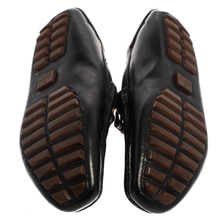 Pre Owned Gucci Black Leather Bamboo Horsebit Slip On Loafers Size 43.5