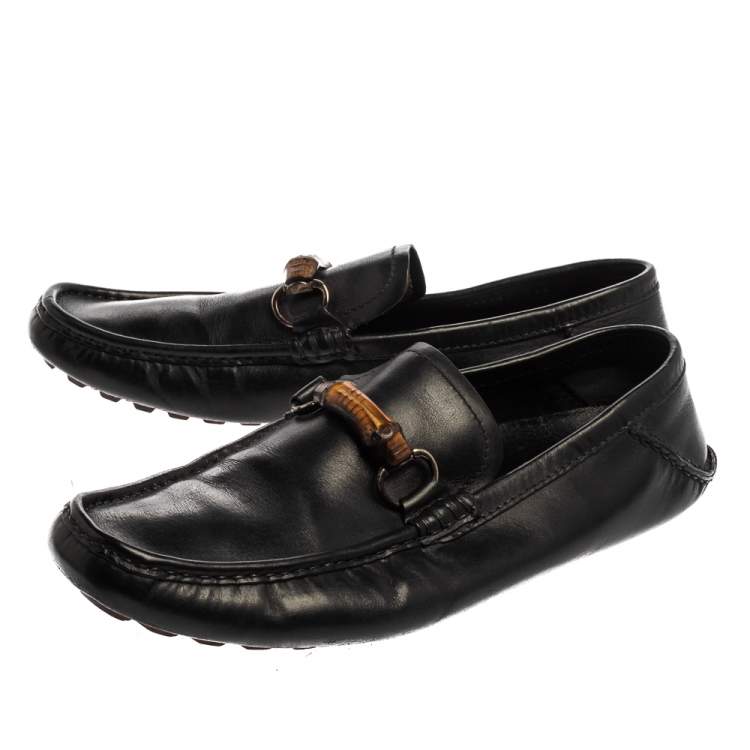 Pre Owned Gucci Black Leather Bamboo Horsebit Slip On Loafers Size 43.5